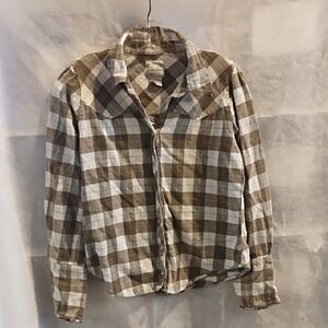 Plaid Button-Up Shirt - Brown and White
